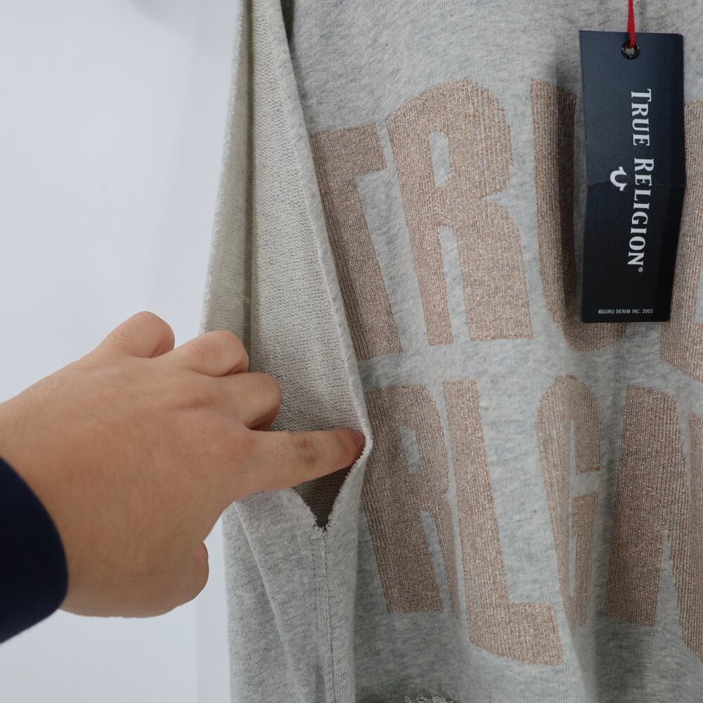 NWT True religion Sweatshirt Womens XS gray Cold Shoulder Sweatshirt embellished - Picture 3 of 13